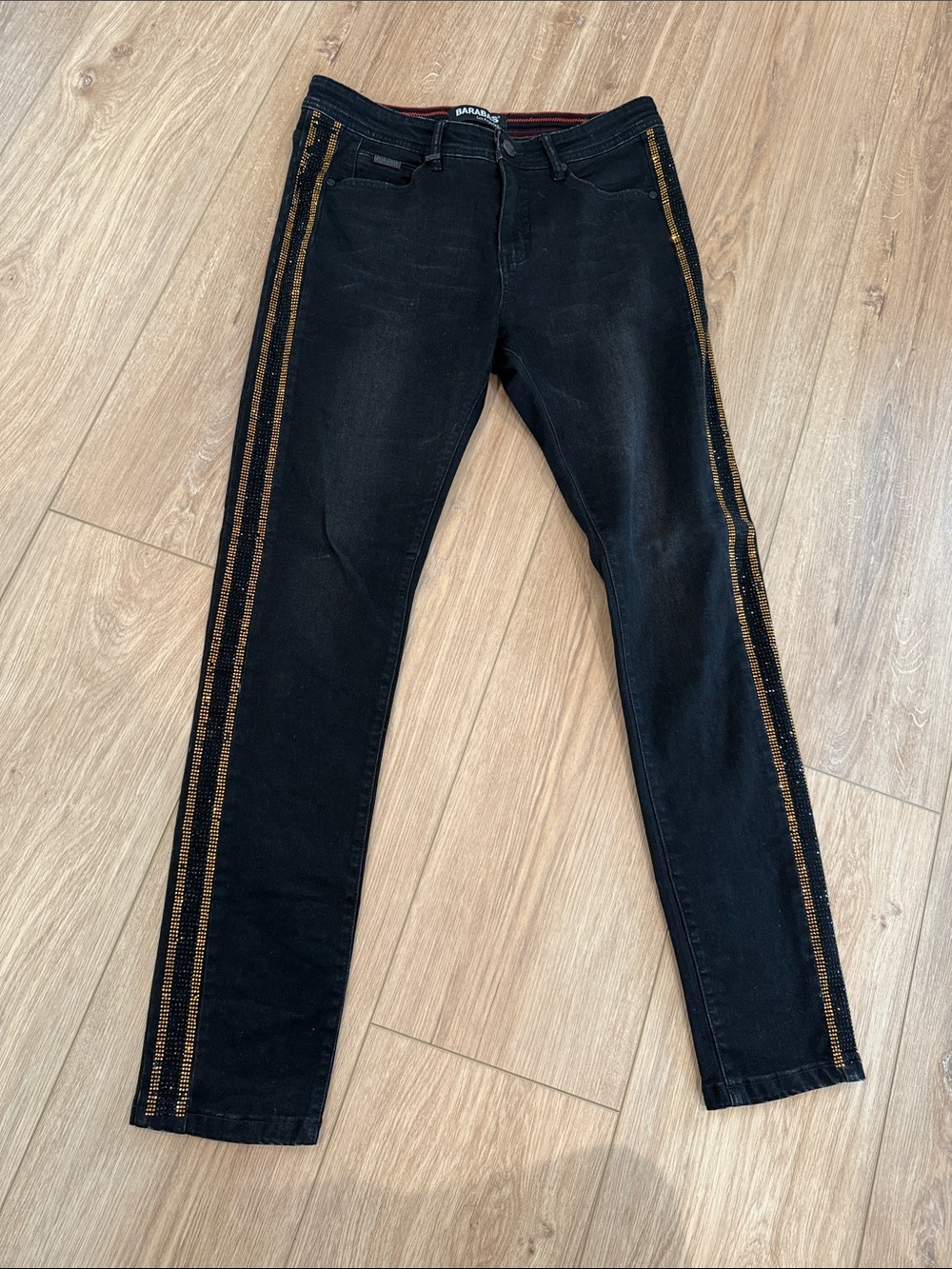 Men's Slim Straight Black Jeans with Gold rhinestone Side Stripe Detailing